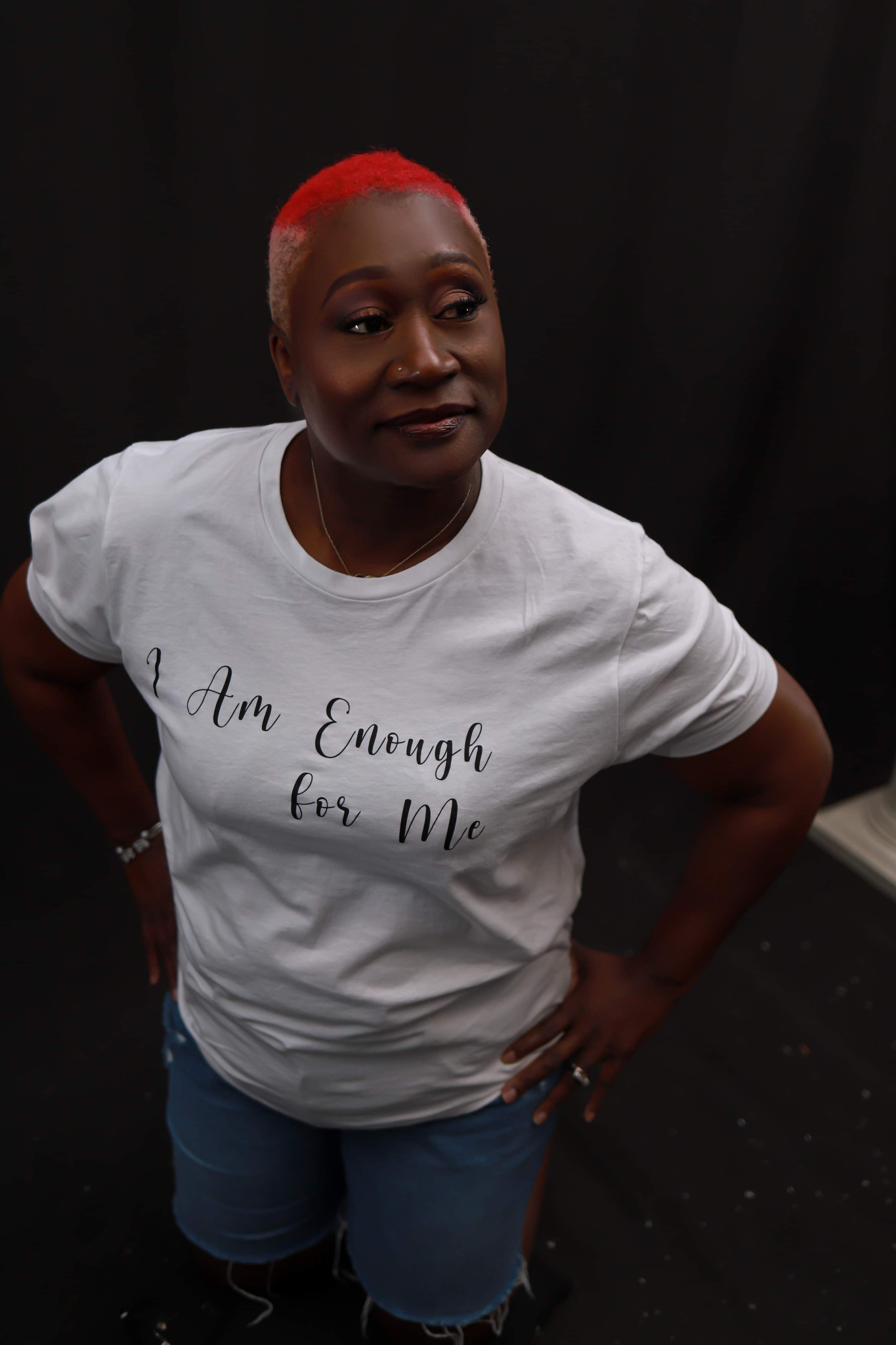 Lesley George wearing an I Am Enough For Me shirt